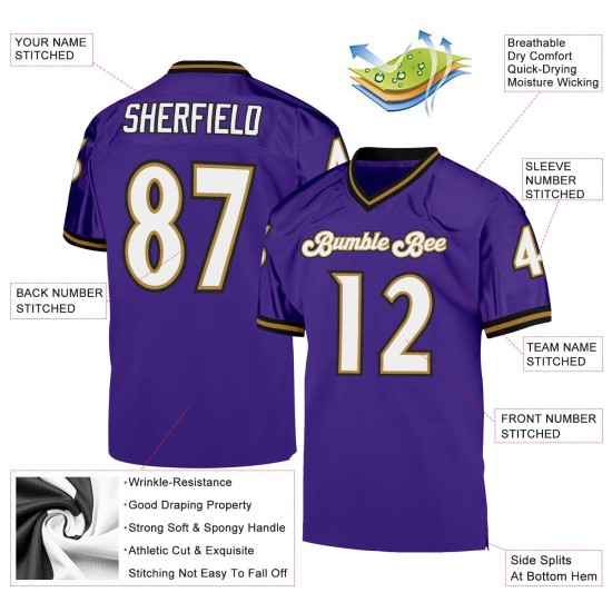 Maillot de football personnalisé violet, blanc et ancien, en maille, doré, authentique Maillot de football personnalisé violet, blanc et ancien, en maille, doré, authentique