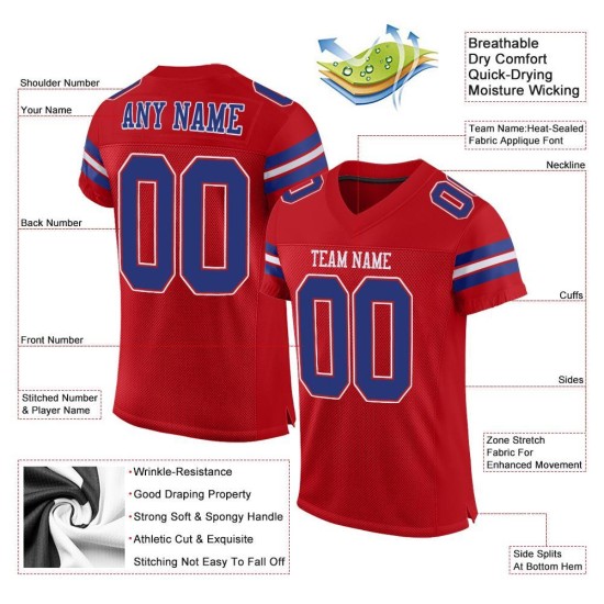 Maillot de football authentique en maille rouge personnalisé bleu royal et blanc Maillot de football authentique en maille rouge personnalisé bleu royal et blanc