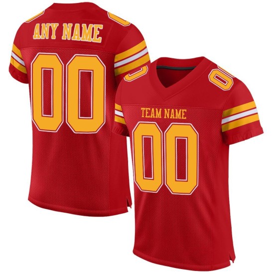 Maillot de football personnalisé en maille rouge et or, authentique Maillot de football personnalisé en maille rouge et or, authentique