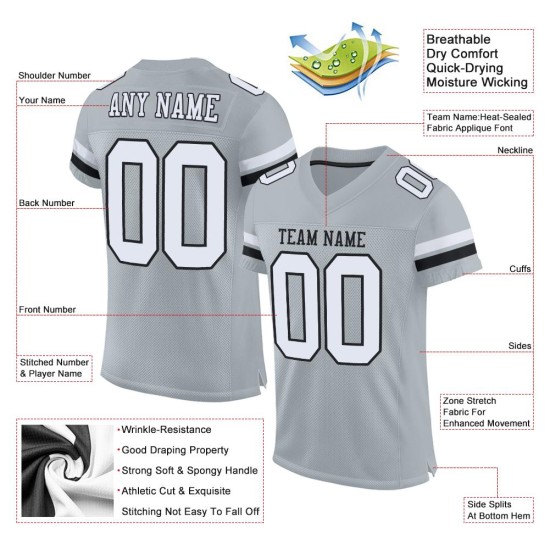 Maillot de football authentique blanc-noir en maille argentée personnalisé Maillot de football authentique blanc-noir en maille argentée personnalisé