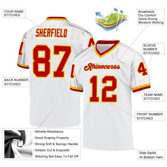 Maillot de football authentique personnalisé blanc rétro en maille rouge-or Maillot de football authentique personnalisé blanc rétro en maille rouge-or