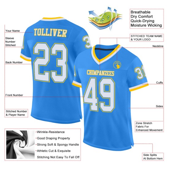Maillot de football authentique bleu poudre personnalisé, maille rétro, blanc et or Maillot de football authentique bleu poudre personnalisé, maille rétro, blanc et or