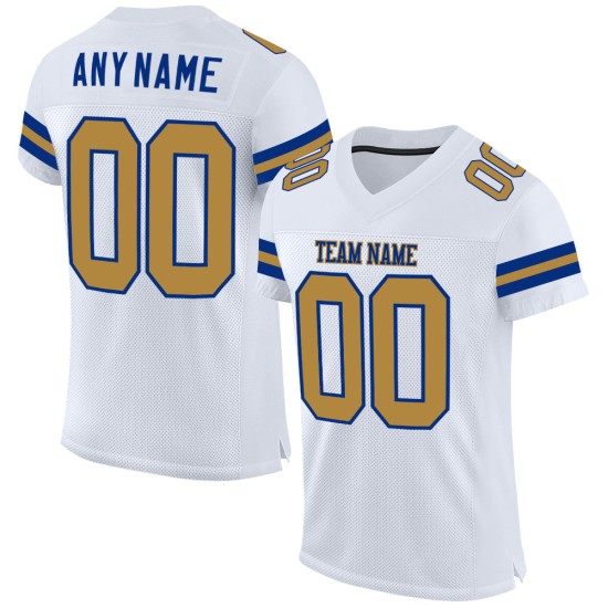 Maillot de football personnalisé en maille blanche authentique, doré et royal Maillot de football personnalisé en maille blanche authentique, doré et royal