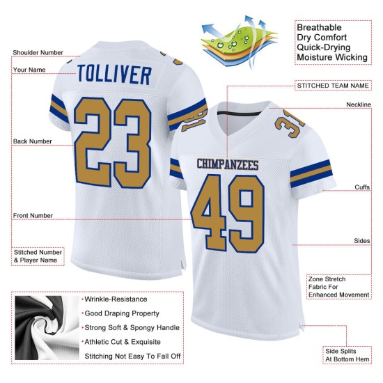 Maillot de football personnalisé en maille blanche authentique, doré et royal Maillot de football personnalisé en maille blanche authentique, doré et royal