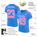 Maillot de football personnalisé authentique rose poudré-blanc bleu en maille Maillot de football personnalisé authentique rose poudré-blanc bleu en maille