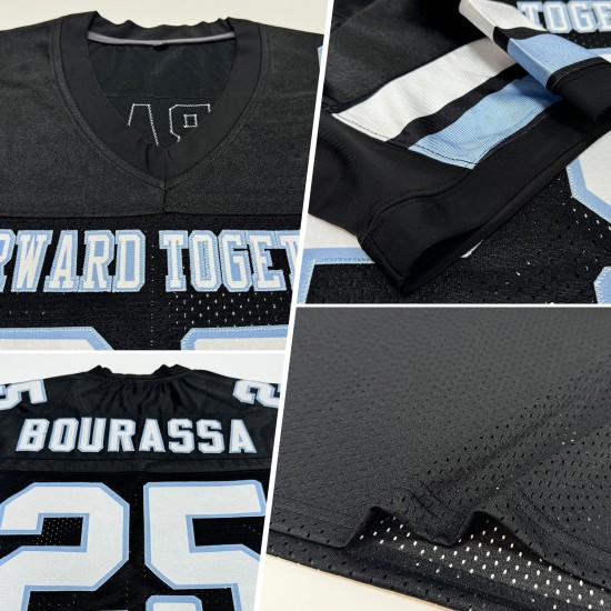 Maillot de football personnalisé authentique en maille blanc-noir clair bleu Maillot de football personnalisé authentique en maille blanc-noir clair bleu