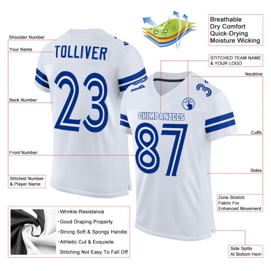 Maillot de football personnalisé en maille blanc et bleu royal authentique Maillot de football personnalisé en maille blanc et bleu royal authentique