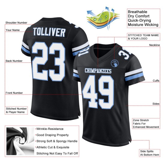 Maillot de football personnalisé authentique en maille blanc-noir clair bleu Maillot de football personnalisé authentique en maille blanc-noir clair bleu