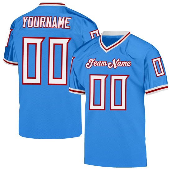 Maillot de football blanc-rouge en maille bleu rétro authentique Powder personnalisé Maillot de football blanc-rouge en maille bleu rétro authentique Powder personnalisé