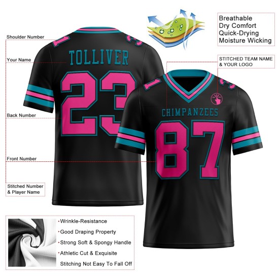 Maillot de football noir personnalisé rose-bleu sarcelle authentique en maille Maillot de football noir personnalisé rose-bleu sarcelle authentique en maille