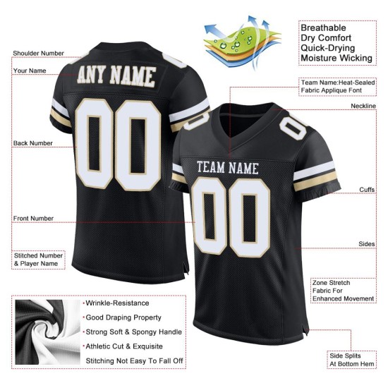 Maillot de football personnalisé en maille noir, blanc et or Vegas, authentique Maillot de football personnalisé en maille noir, blanc et or Vegas, authentique