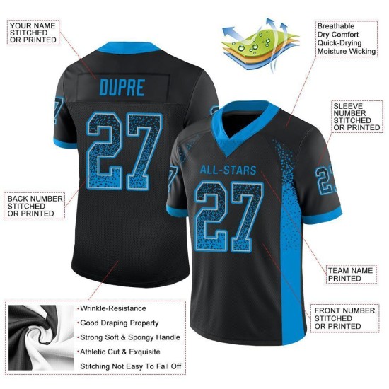 Maillot de football personnalisé bleu-gris en maille noire Drift Fashion Panther Maillot de football personnalisé bleu-gris en maille noire Drift Fashion Panther