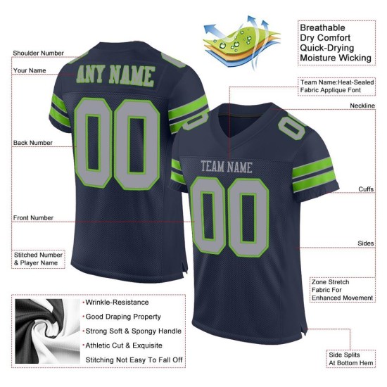 Maillot de football gris-néon en maille bleu marine authentique, vert clair et personnalisé Maillot de football gris-néon en maille bleu marine authentique, vert clair et personnalisé