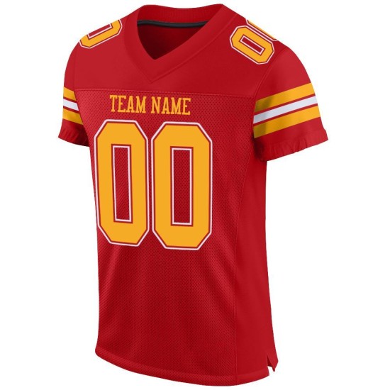Maillot de football personnalisé en maille rouge et or, authentique Maillot de football personnalisé en maille rouge et or, authentique