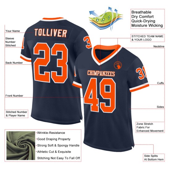 Maillot de football personnalisé en maille rétro bleu marine authentique orange-blanc Maillot de football personnalisé en maille rétro bleu marine authentique orange-blanc