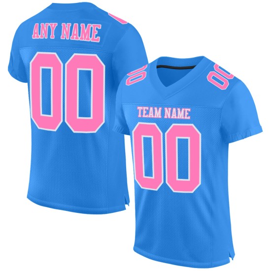 Maillot de football personnalisé authentique rose poudré-blanc bleu en maille Maillot de football personnalisé authentique rose poudré-blanc bleu en maille