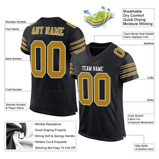 Maillot de football authentique en maille noire, personnalisé, doré et blanc Maillot de football authentique en maille noire, personnalisé, doré et blanc